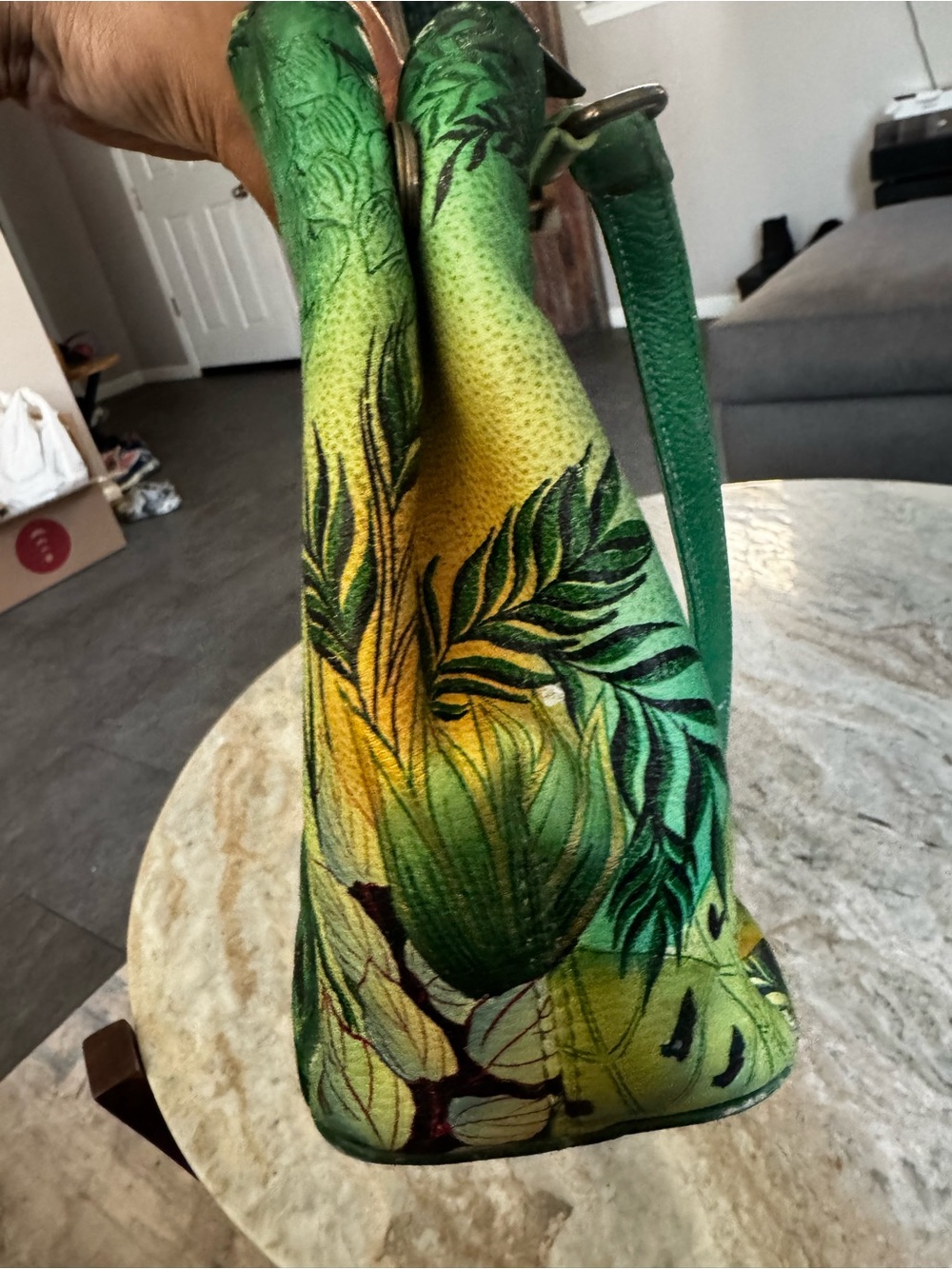 Anuschka Hand-Painted Jungle Print Green Wristlet Pouch - Picture 9 of 11
